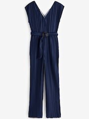 Navy Blue Plissé Belted Jumpsuit - Image 5 of 5
