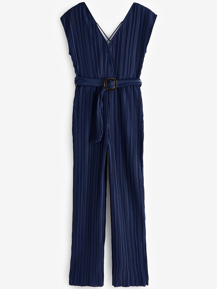 Navy Blue Plissé Belted Jumpsuit - Image 5 of 5