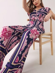 Navy Blue/Pink Printed Plissé Belted Jumpsuit - Image 1 of 4