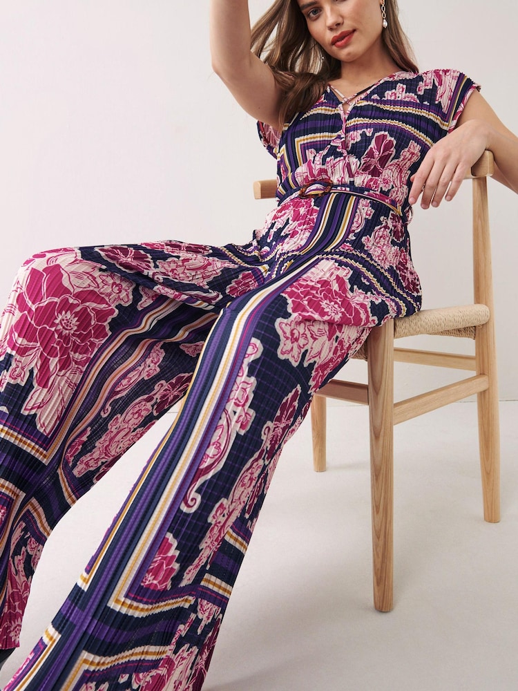 Navy Blue/Pink Printed Plissé Belted Jumpsuit - Image 1 of 4