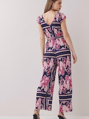 Navy Blue/Pink Printed Plissé Belted Jumpsuit - Image 2 of 4