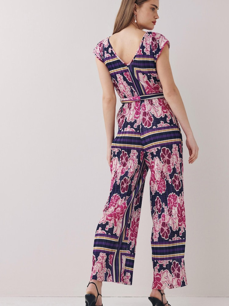 Navy Blue/Pink Printed Plissé Belted Jumpsuit - Image 2 of 4