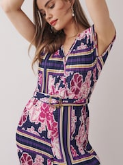Navy Blue/Pink Printed Plissé Belted Jumpsuit - Image 3 of 4