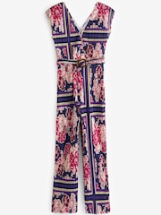 Navy Blue/Pink Printed Plissé Belted Jumpsuit - Image 4 of 4