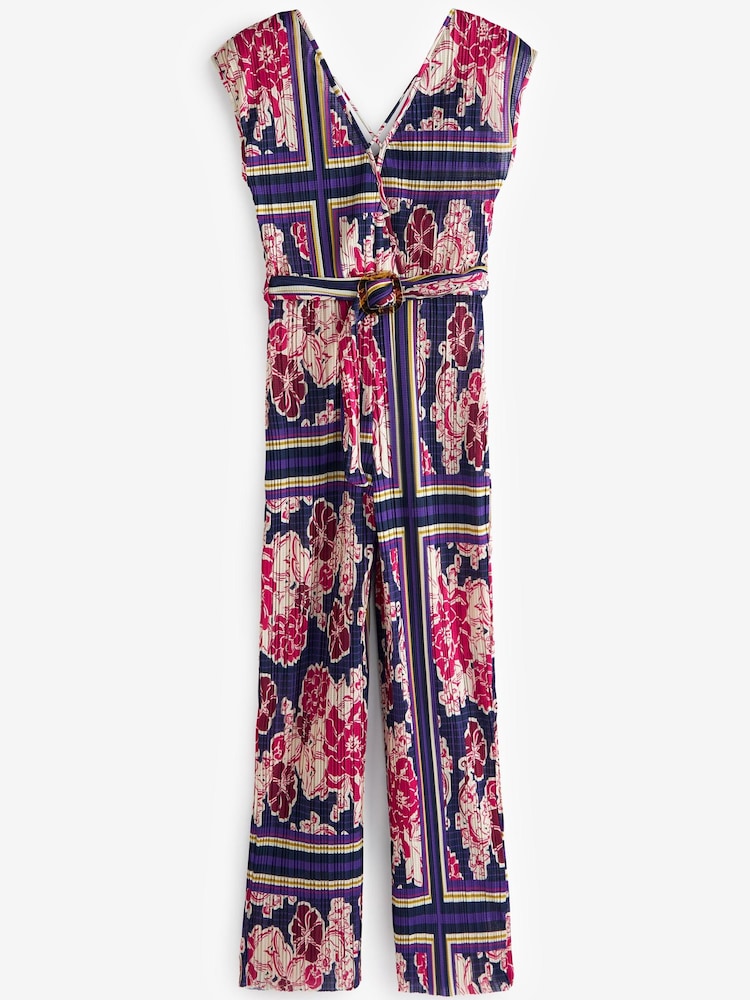 Navy Blue/Pink Printed Plissé Belted Jumpsuit - Image 4 of 4