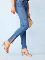 Mid Blue Embellished Power Stretch Split Hem Denim Leggings - Image 1 of 1