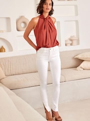 White Split Embellished Hem Power Stretch Denim Leggings - Image 1 of 5