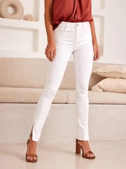 White Split Embellished Hem Power Stretch Denim Leggings - Image 3 of 5