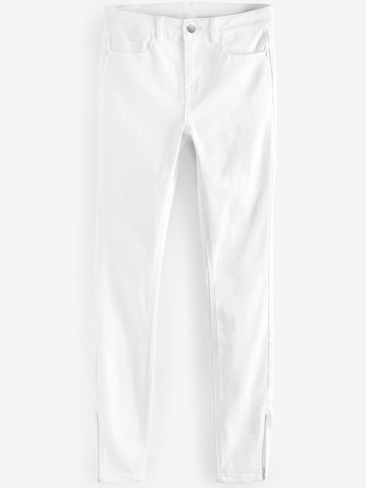 White Split Embellished Hem Power Stretch Denim Leggings - Image 5 of 5