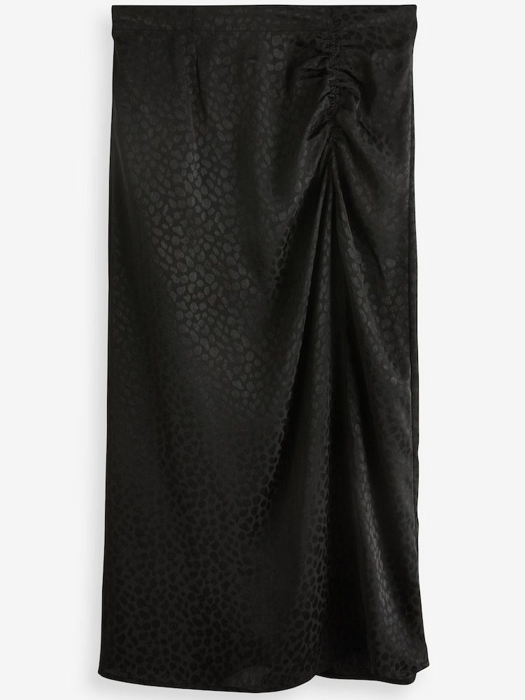 Black Satin Jacquard Ruched Midi Skirt - Image 1 of 1