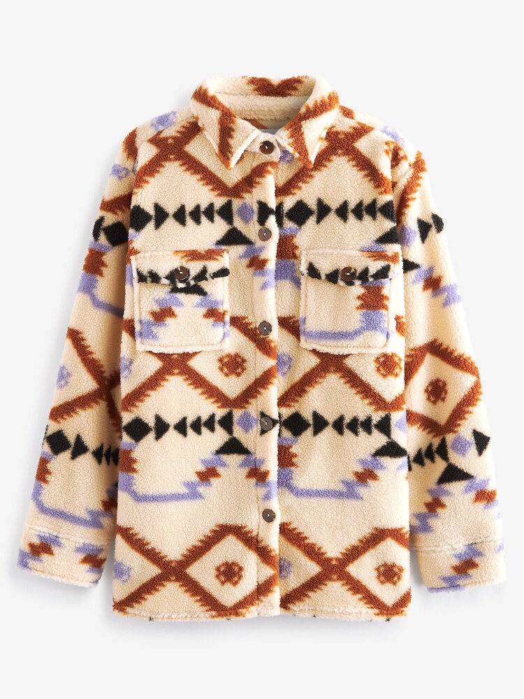 Cream Ikat Print Heavyweight Borg Shacket - Image 1 of 1