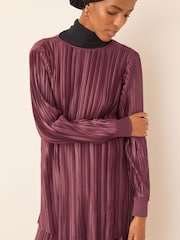 Berry Red Satin Plissé Long Sleeve Tunic - Image 2 of 7