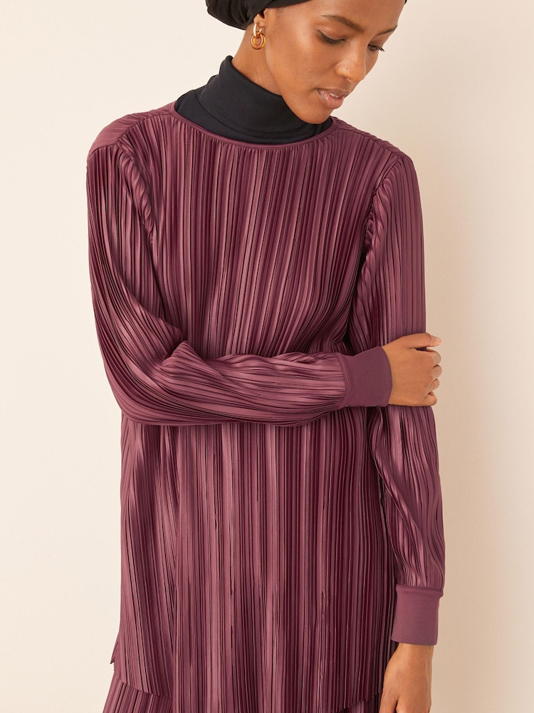Berry Red Satin Plissé Long Sleeve Tunic - Image 2 of 7