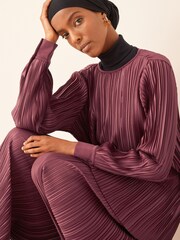 Berry Red Satin Plissé Long Sleeve Tunic - Image 5 of 7