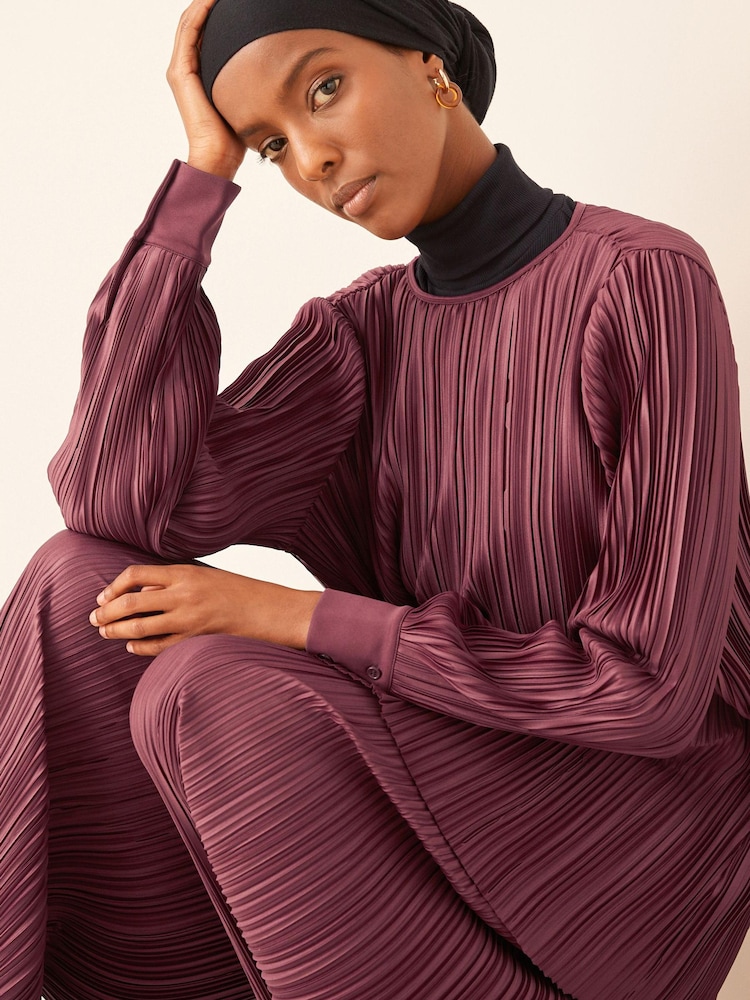 Berry Red Satin Plissé Long Sleeve Tunic - Image 5 of 7