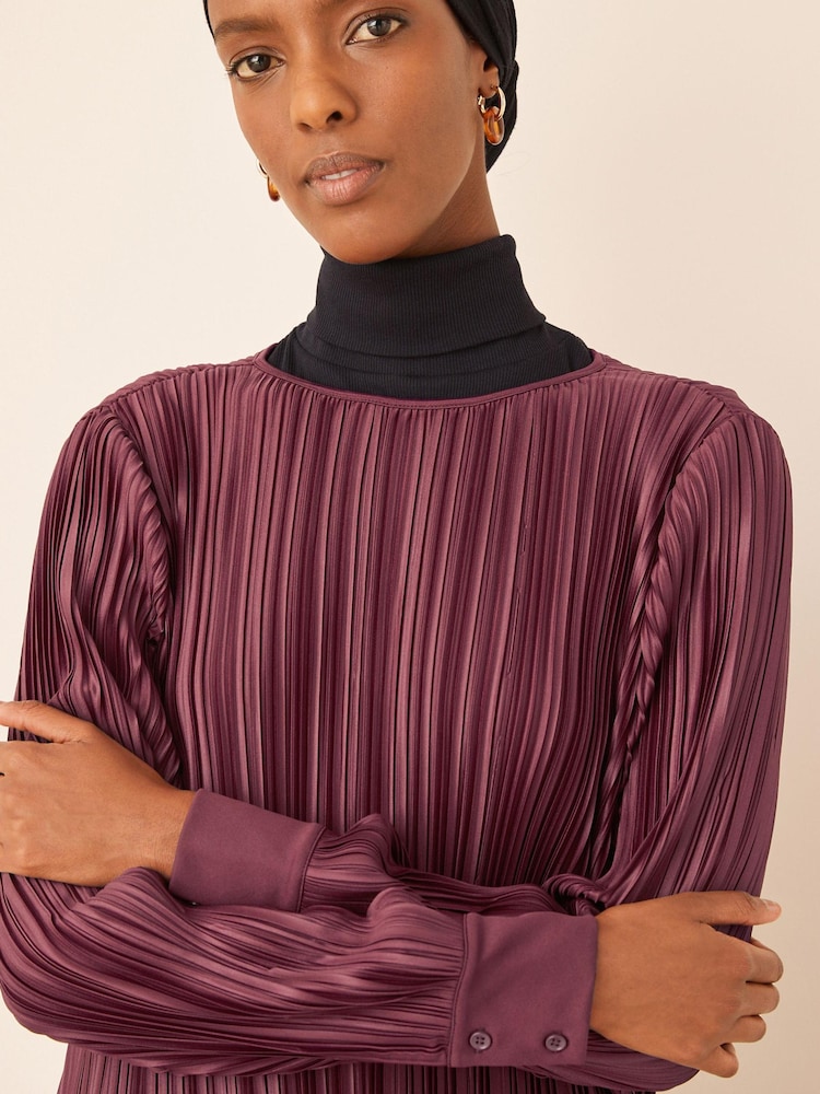 Berry Red Satin Plissé Long Sleeve Tunic - Image 6 of 7