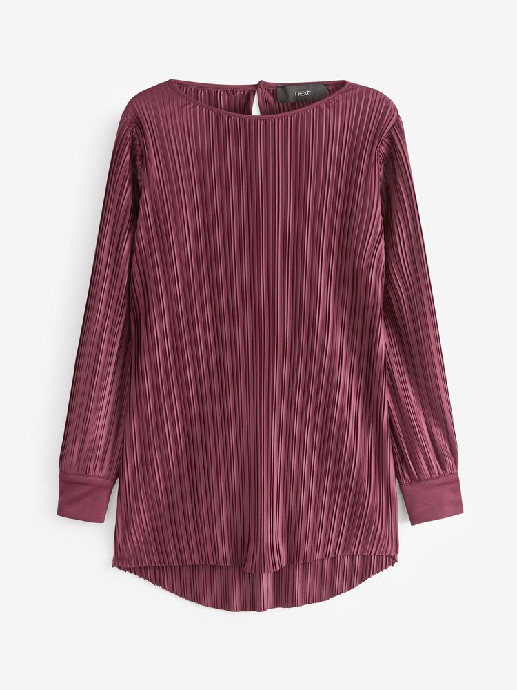 Berry Red Satin Plissé Long Sleeve Tunic - Image 7 of 7