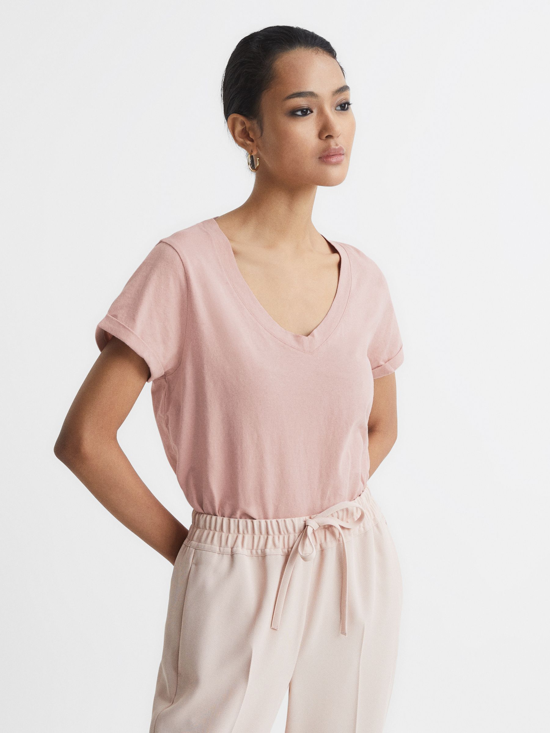 Reiss Light Pink Cotton-jersey V-neck T-shirt
