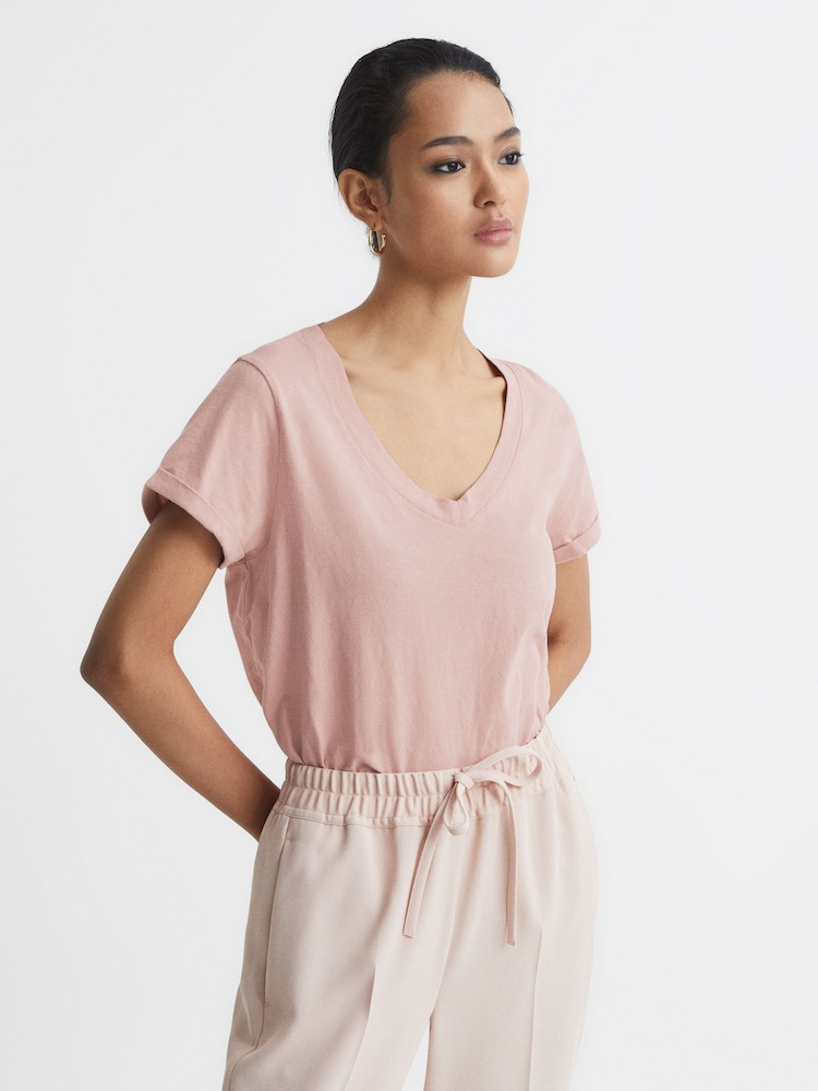 Reiss Light Pink Luana Cotton-Jersey V-Neck T-Shirt - Image 1 of 6