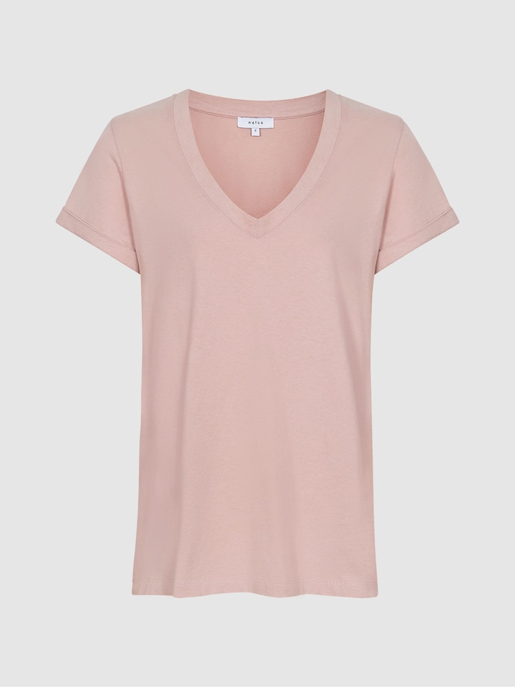 Reiss Light Pink Luana Cotton-Jersey V-Neck T-Shirt - Image 2 of 6