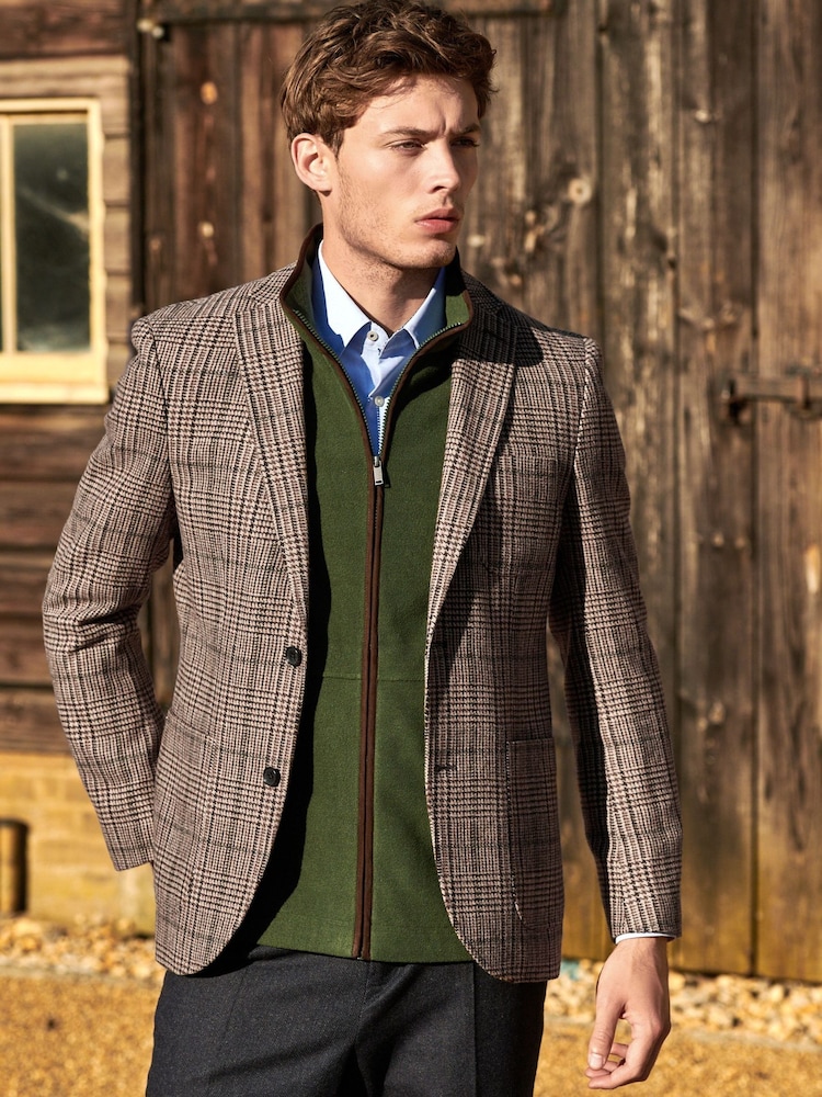 Brown Check Slim Fit Nova Fides Wool Blend Formal Jacket - Image 1 of 5