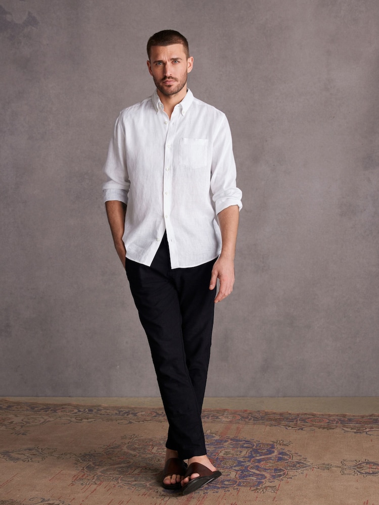 White Signature 100% Linen Long Sleeve Oxford Shirt - Image 2 of 9