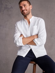 White Grandad Collar Signature 100% Linen Long Sleeve Shirt - Image 1 of 8