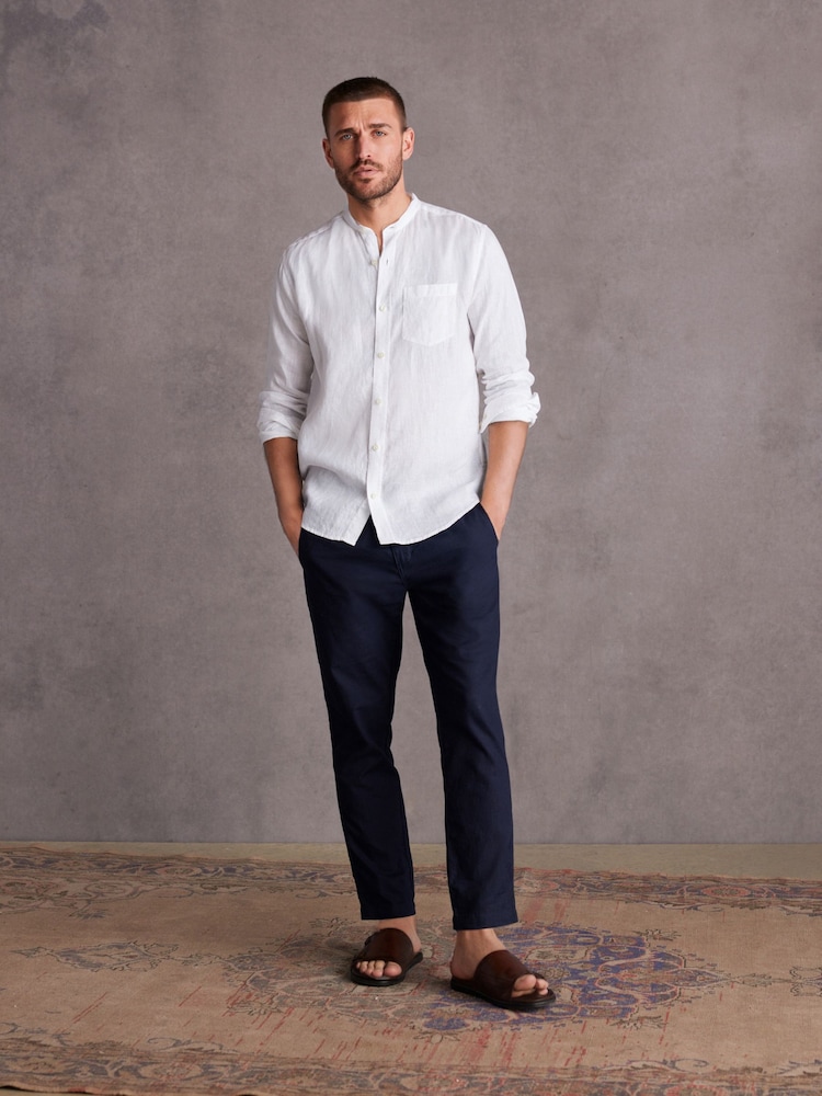 White Grandad Collar Signature 100% Linen Long Sleeve Shirt - Image 2 of 8