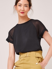 Black Woven Mix Short Sleeve Raglan T-Shirt - Image 1 of 6