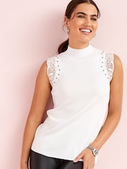 White Lace Trim High Neck Vest With Stud Detail - Image 1 of 5