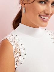 White Lace Trim High Neck Vest With Stud Detail - Image 4 of 5