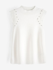 White Lace Trim High Neck Vest With Stud Detail - Image 5 of 5