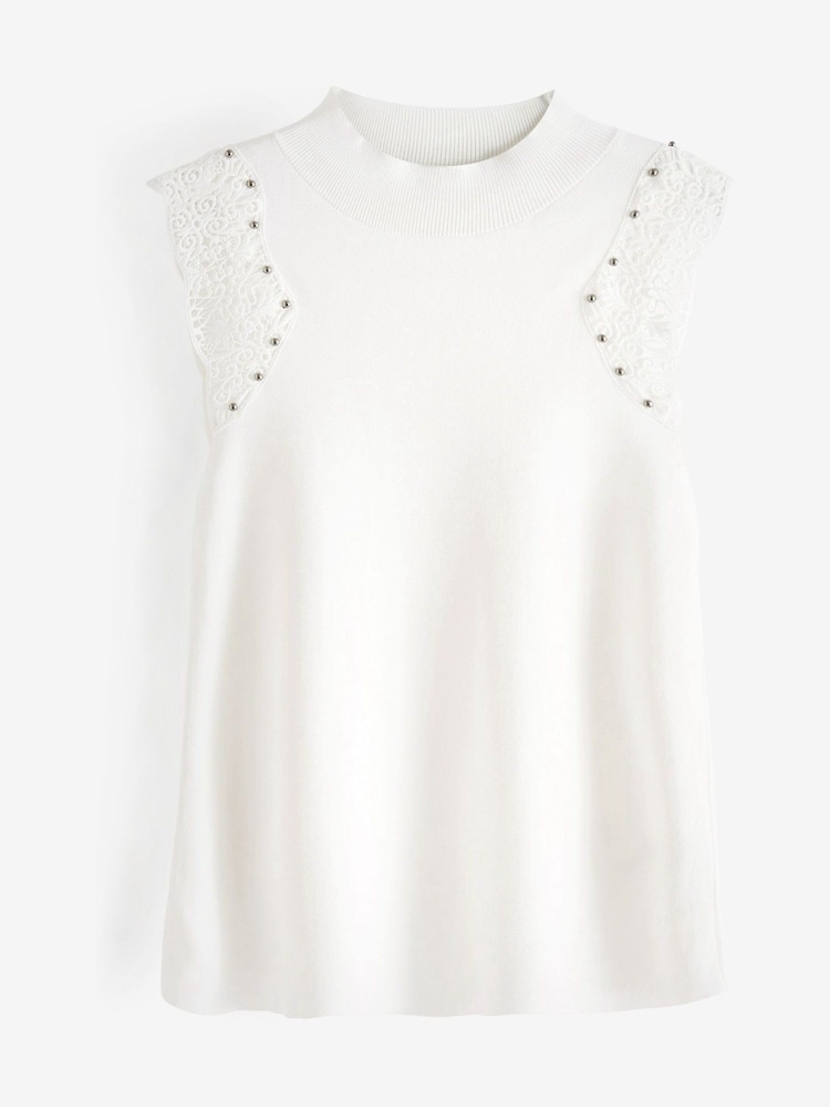 White Lace Trim High Neck Vest With Stud Detail - Image 5 of 5