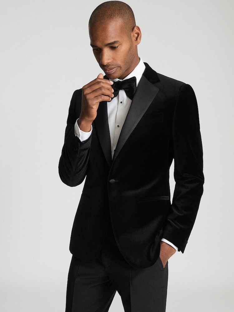 Reiss Black Ace Velvet Regular Fit Blazer - Image 1 of 5 Reiss Black Ace Velvet Regular Fit Blazer - Image 1 of 5