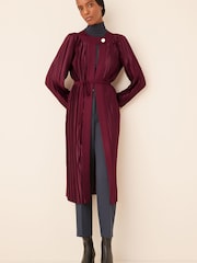 Berry Red Satin Plissé Abaya Jacket With Detachable Belt - Image 1 of 5