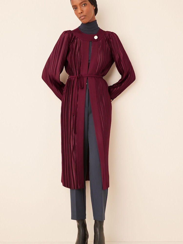 Berry Red Satin Plissé Abaya Jacket With Detachable Belt - Image 1 of 5