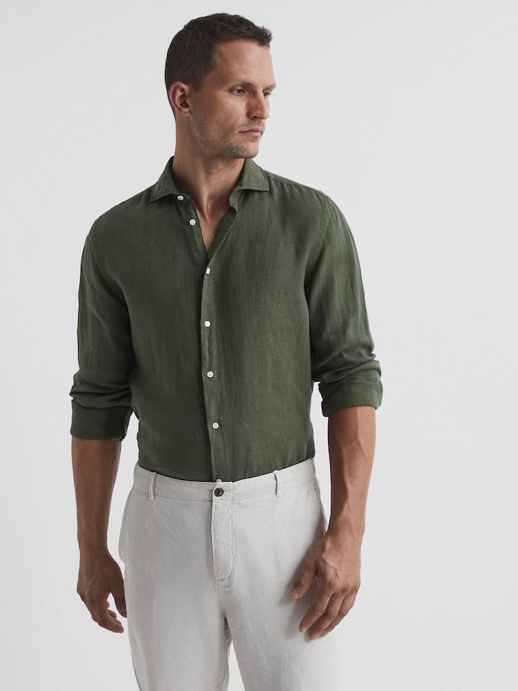 Reiss Olive Ruban Linen Button-Through Shirt - Image 1 of 7