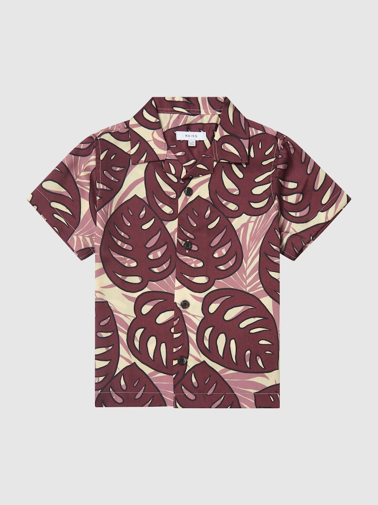 Reiss Dark Pink Yung Cuban Collar Monster Leaf Print Shirt - Image 2 of 5