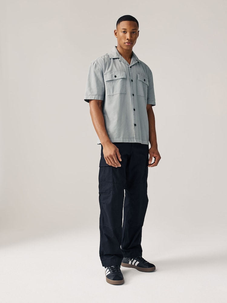 Grey Linen Blend Short Sleeve Shirt with Cuban Collar - Image 2 of 9