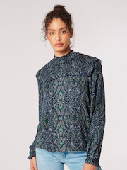 Apricot Blue Paisley Long Sleeve Ruffle Top - Image 1 of 4