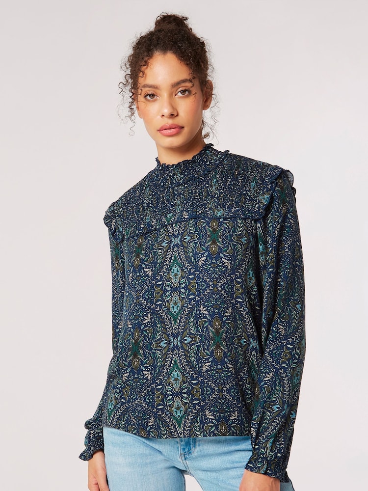Apricot Blue Paisley Long Sleeve Ruffle Top - Image 1 of 4
