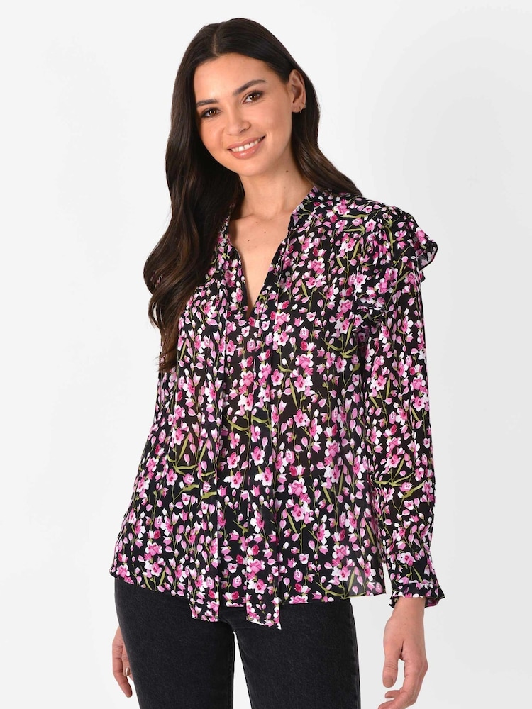 Ro&Zo Black Blush Floral Tie Neck Top - Image 1 of 5