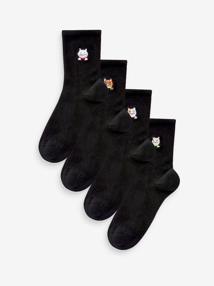 Cat Faces Embroidered Motif Ankle Socks 4 Pack - Image 1 of 5