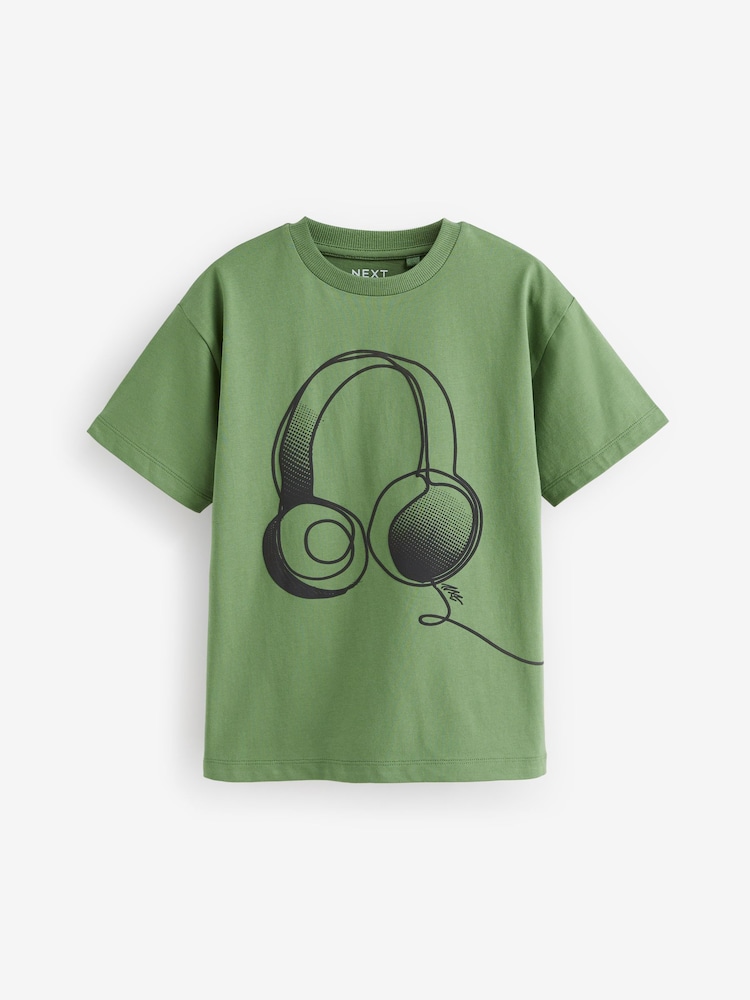 Green Linear Headphones Relaxed Fit Short Sleeve Graphic T-Shirt (3-16yrs) - Image 1 of 3 Green Linear Headphones Relaxed Fit Short Sleeve Graphic T-Shirt (3-16yrs) - Image 1 of 3