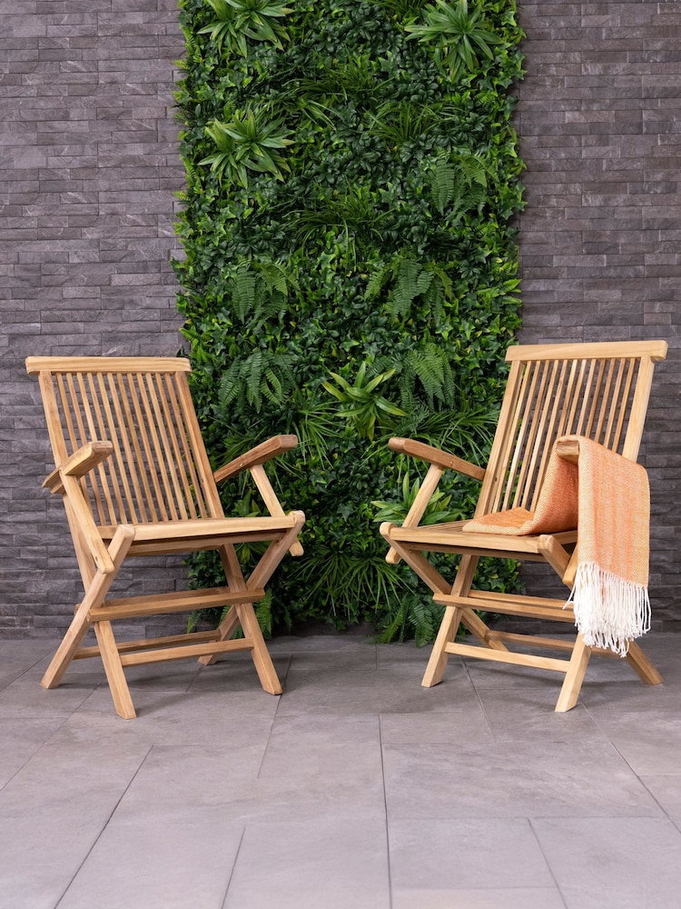 Charles Bentley Natural Pair of Folding Teak Garden Arm Chairs - Image 1 of 4