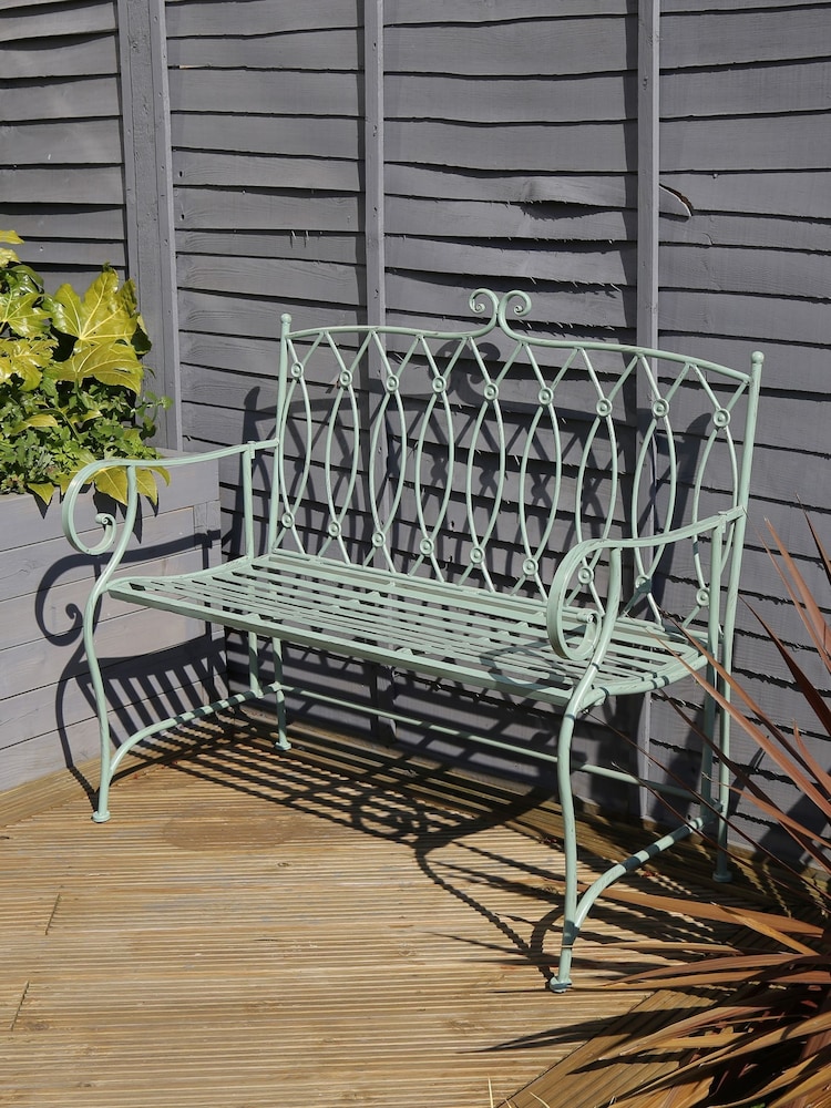 Charles Bentley Sage Green Decorative Garden Wrought Iron Bench - Image 1 of 5