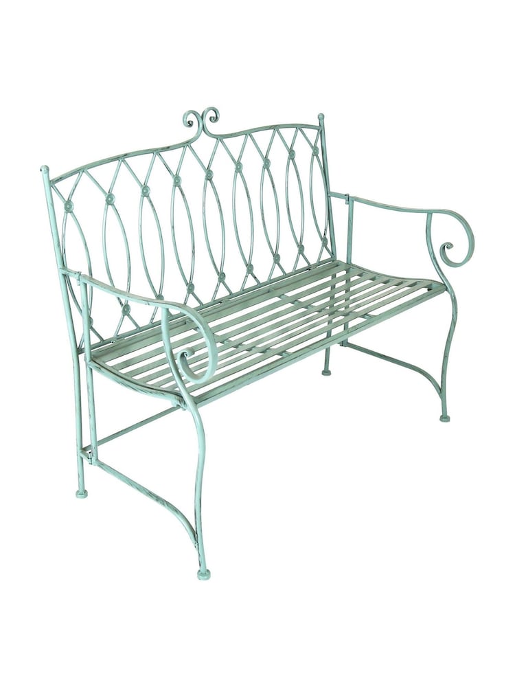 Charles Bentley Sage Green Decorative Garden Wrought Iron Bench - Image 2 of 5