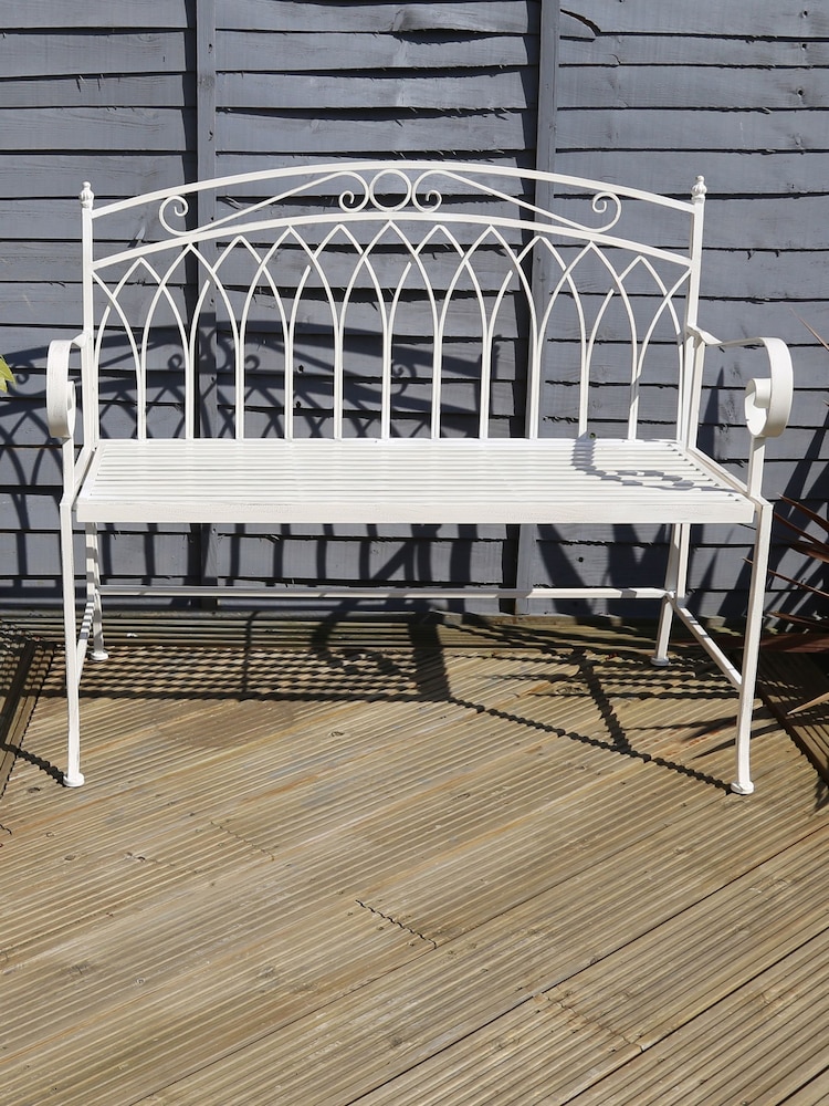 Charles Bentley Antique White Garden Wrought Iron Feminine Bench - Image 1 of 5