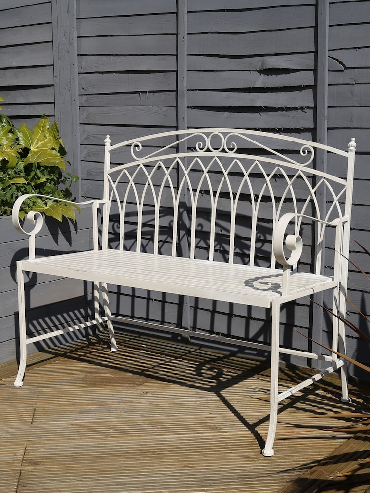Charles Bentley Antique White Garden Wrought Iron Feminine Bench - Image 2 of 5