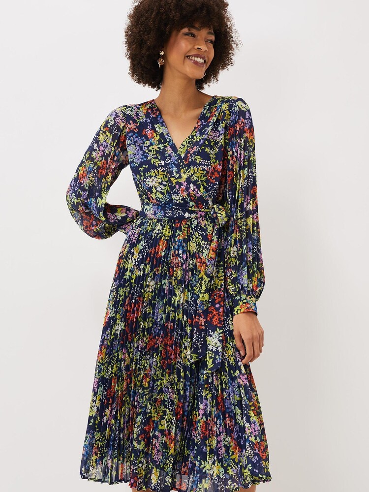 Phase Eight Fenella Blue Pleated Floral Halterneck Dress - Image 1 of 6
